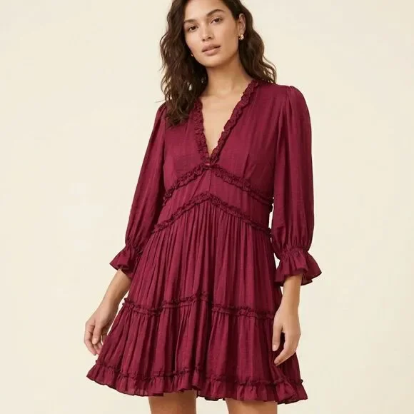 GAL Ruffle VNeck Dress M Red Mini Boho Festival Grunge Renaissance Goth Feminine - Picture 1 of 15